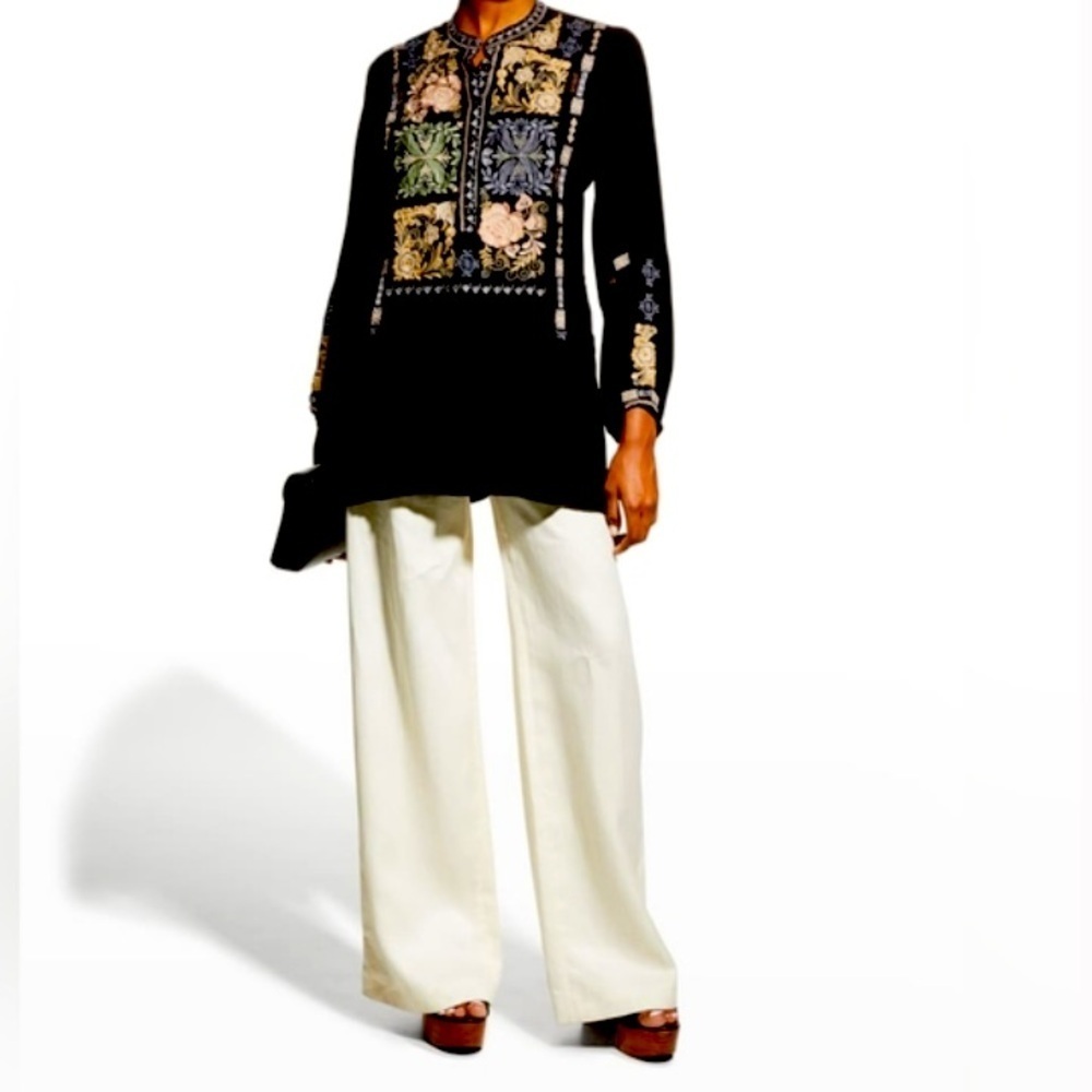 Johnny Was Biya Embroidered Mrunal Long Sleeve Silk Tunic $400 fall boho casual